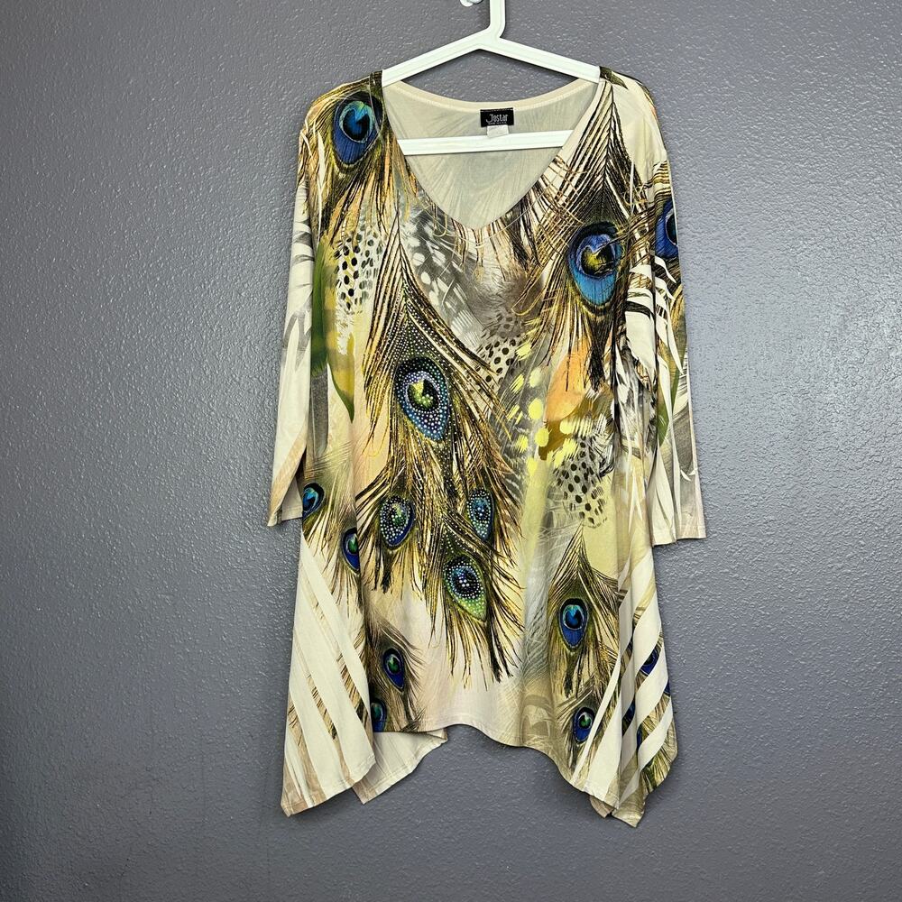 Jostar Tunic Top size Medium Peacock Rhinestone V Neck